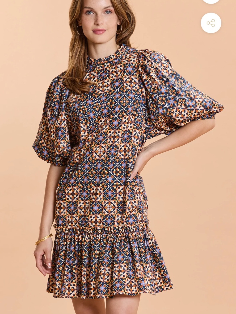 Tyler Boe Geometric Puff-Sleeve Mini Dress in Navy & Peach